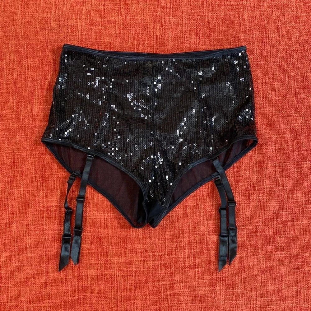 VTG Black Sequin Mesh Show Girl Lingerie Garter Belt